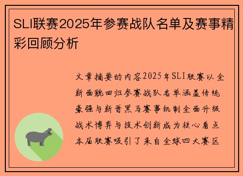 SLI联赛2025年参赛战队名单及赛事精彩回顾分析